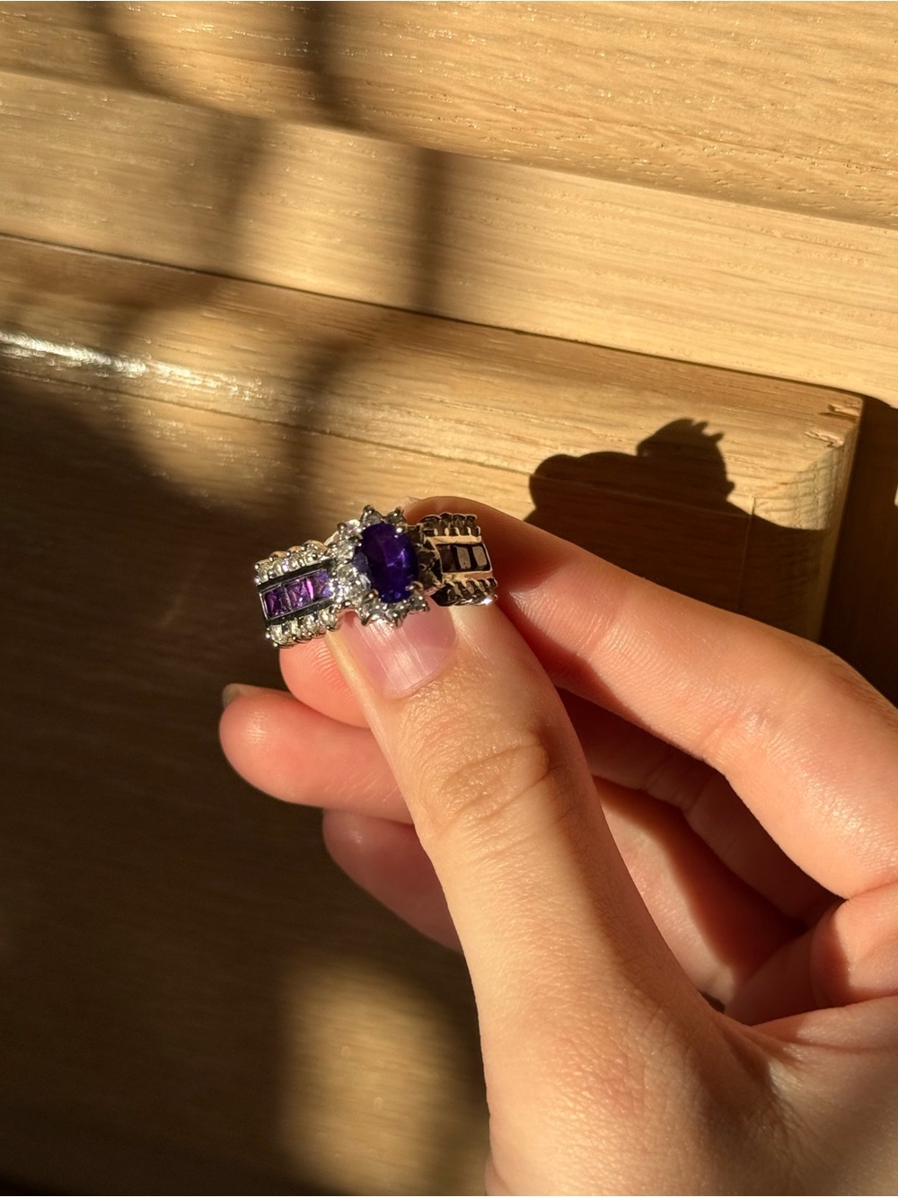Vintage 14K Solid White Gold Amethyst & Diamond Statement Ring (6g)